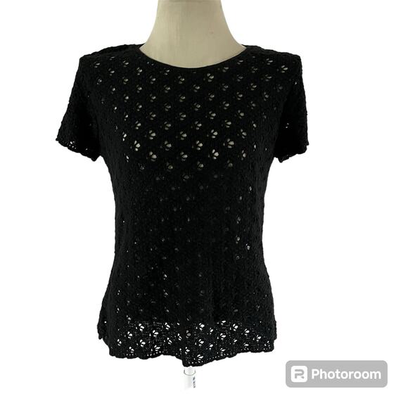 Vtg Y2K 2000s Black Open Knit Short Sleeve Sweater Top Wmns L WhimsyGoth - Picture 1 of 9